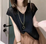 Summer New Thin Hollowed-Out V-Collar Knitted Blouse Vest Blouse-Outfit