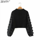 2021 New Women Fashion Appliques Chiffon Lantern Sleeve Patchwork Short Knitting Sweater Ladies Chic Pullovers Tops