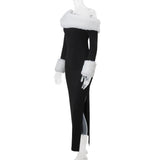 Off-shoulder Black Fur Trim Long Sleeve Maxi Bodycon Dress-Outfit