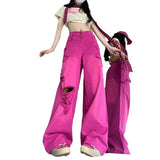 Fongt Street Rose Red Ripped Jeans Women Summer Thin Dopamine Wearing Hot Girl Straight Broad Leg Pants