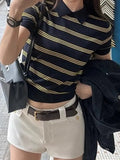 Fongt Lesier Striped Knitted Short-Sleeved T-Shirt Niche Gentle High Wisdom To Reduce The Sense Of POLO Collar Blouse Woman Spring