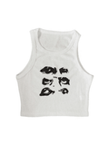 Funny Face Print Cropped Tank Top-Outfit