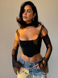 Mesh Corset Top Hollow out Square Collar Boning Zipper Slim Fit Bodycon Blouse Spring Fashion Party Sexy Black Crop