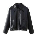 Fongt Women's ZA Autumn And Winter New Street Fashion Collar Long-Sleeved Leather Jacket Jacket