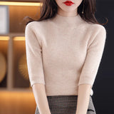 Fongt Summer Slim Head Five Minute Sleeve Bottom Top New Half High Collar Solid Color Simple Medium Sleeve Sweater Women-Outfit
