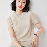 Fongt Female Round Collar Loose T-Shirt Inside Build Sweater Spring Autumn Base Outside Wear Short Sleeve Hair-Outfit