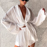 Fongt / Summer 2024 French Long-Sleeve Lace Top Loose Shorts Suit Women's Solid Color Casual Two-Piece Set-Outfit