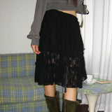 Temperament Pure Color Pleated Lace Skirt 2024 New Low-Waist Basic Leisure Medium-Length Skirt-Outfit