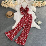 Fongt V-Neck Kink Sling Short Top High Waist Pleated Wide Leg Pants Two-Piece Suit-Outfit