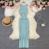 Fongt Sexy Round Neck Kink Solid Color Vest Knit Skirt Front And Back Two Wear Elastic Tight Wrap Hip Dress-Outfit