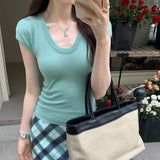 Solid Color U-Collar Short-Sleeved T-Shirt Women's New Springy Slim, Simple And Easy To Wear In