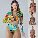Fongt New Long Sleeve Zip Bikini High-Waisted Women's Split Swimsuit Conservative Sunscreen Beach