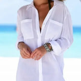 Fongt Wrinkle Cloth Two Pockets Dark Buckle Beach Blouse Bikini Coat Shirt Swimsuit Cardigan