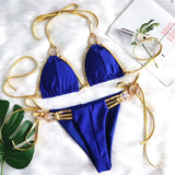Fongt New Gold Strap Sexy Backless Bikini Crystal Diamond Swimsuit
