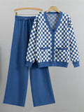 Plaid Sweater Two Piece Set Fall Winter V-neck Knit Cardigan Jackets Conjuntos Casual High Waist Wide Leg Pants Outfits