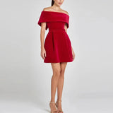 Velvet Off Shoulder Solid Mini Dress-Outfit