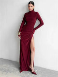 Turtleneck Long Sleeve Draped Slit Maxi Dress-Outfit