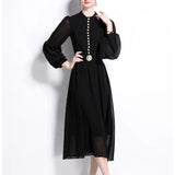 Fongt High-End Elegant Dress Spring New Fashion Metal Buckle Waist Thin Lantern Sleeve Chiffon Long Dress