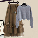 Winter Knitted 2 Piece Sets Women Long Sleeve Knitted Sweater And High Waist Mesh Long Skirts Sets For Women