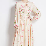 Fongt Temperament Long Sleeve Positioning Print Waist Swing Dress Female Senior Sense Thin Retro Long Dress