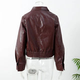 Burgundy Pu Leather Zipper Biker Jacket-Outfit