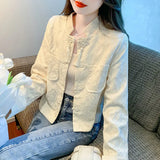 Fongt Texture Short Coat Female Spring And Autumn 2024 New Hot Style National Wind Plate Buckle Long Sleeve Jacket Autumn Women's Wear-Outfit