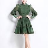 Fongt Elegant Bubble Sleeve Lace Splicing Mesh Dress Women's Court Collar Lantern Sleeve A-Word Skirt