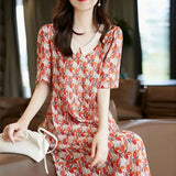 Peter Pan Collar Patchwork Floral Dress Women's Clothing Printed Summer A-Line Short Sleeve Korean Casual Midi Dresses-Outfit