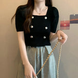 Temperament Button T-Shirt Girl Summer New Korean Hoodie Thin Square Collar Fashion Wear Short-Sleeved