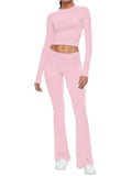 Long Sleeve Cropped Top Fold-over Flare Pants Set-Outfit