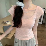 Low Round Collar Solid Color Short-Sleeved T-Shirt Women's Early Spring New U-Collar Slub Cotton Slim And Thin Bottom