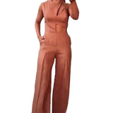 Fongt Summer Fashion Round Collar High Waist Solid Color Hollow Out Wide Leg Jumpsuit-Outfit