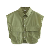 Fongt Color Y2K Women's Big Pocket Splicing Irregular Cardigan Polo Collar Shirt Top A19683