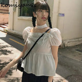 New Drawstring Bow Shirts & Blouses Square Collar Blusas Short Sleeve Camisas Loose Hem Ropa Mujer Summer Halter Tops-Outfit
