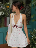 White Cherry Printed Halter A-Line Mini Dress-Outfit