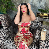 Red Rose Print Satin Midi Dress-Outfit