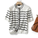 New Summer Style Small Fragrant Style Button Design Striped Cardigan-Outfit