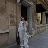 Fongt And Summer Women's Solid Color Tie Shirt Broad Leg Trousers Set Casual Two Sets