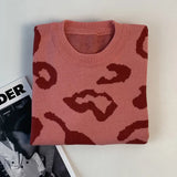 Leopard Print Women's Knitted Sweater Pink O-neck Loose Sweet Pullovers All Match 2021 Autumn Winter Basic Casual
