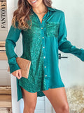 Patchwork Turn-down Collar Sequins Women Blouses Green Long Sleeve Button Blouses Women Spring Loose Fashion