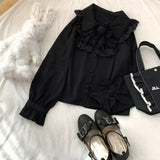 Vintage Lolita Blouses Women White Kawai Lace Peter Pan Collar Rose Bow Chiffon Shirts Black Elegant Long Sleeved Top-Outfit