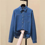 New Vintage Denim Shirt Jacket Women Loose Blouses Spring Autumn Blue Jean Outerwear Female Long-sleeve Casual Shirts