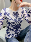 Printing Positioning Flower Long Sleeved Round Neck Slim Fit Top Women Autumn Spring Stretchy Mesh T-shirts FF0875-Outfit
