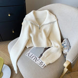 Half-Zipped Navy Collar Lazy Wind Sweater Female With Autumn And Winter Knit Sweater Loose Outside Wearing Soft Waxy Short Top-Outfit