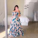 Fongt New Spring And Summer Women's Dress A Word Broken Shoulder Long Printed Fairy