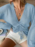 2022 Autumn Women's Sweater Knitted V Neck Adjustable Straps Long Sleeve Loose Jumper Soft Casual Basic Pullover