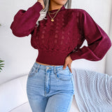Fongt And Winter Street Wind Solid Color Hollow Striped Lantern Sleeve Open Umbilly Knitted Sweater Women's Clothing