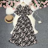 Fongt Wind Temperament Sweet Broken Flower V Collar Dress Beach Vacation Snow Spinning A Word Long Skirt-Outfit