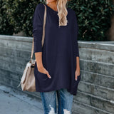 Wise Women's New Round Collar Long Sleeve Pocket T-Shirt Top-Outfit