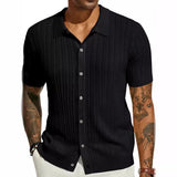 Fongt Men's Casual Knit Shirt Summer New Solid Color Jacket Men's Short Sleeve Lapel Collar Hollow Breathable Men's